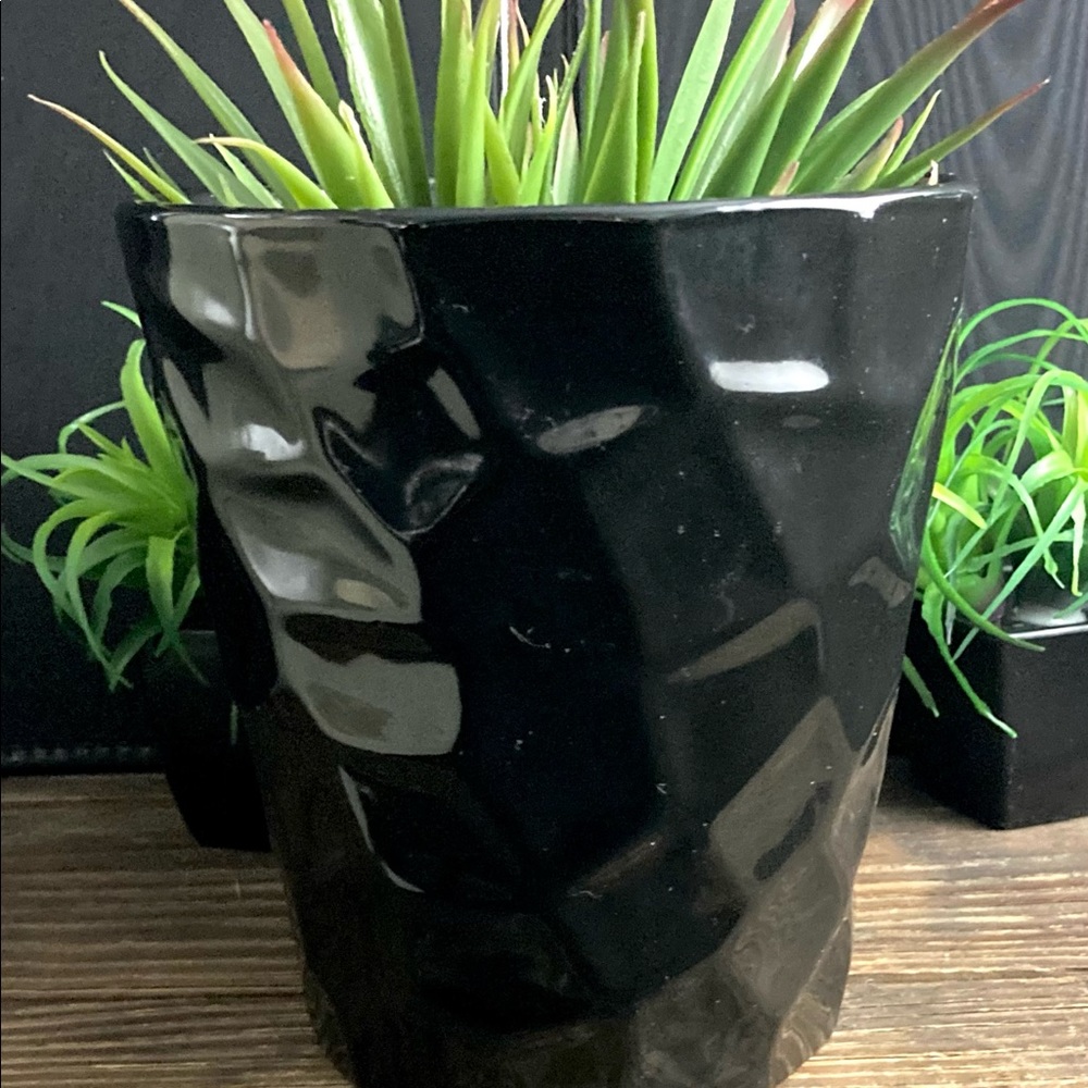Vintage Mod Ceramic Black Geometric Planter Pot